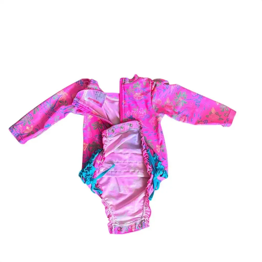 RuffleButts Neon Island Time One Piece Rash Guard Long Sleeve Swimsuit 12-18m